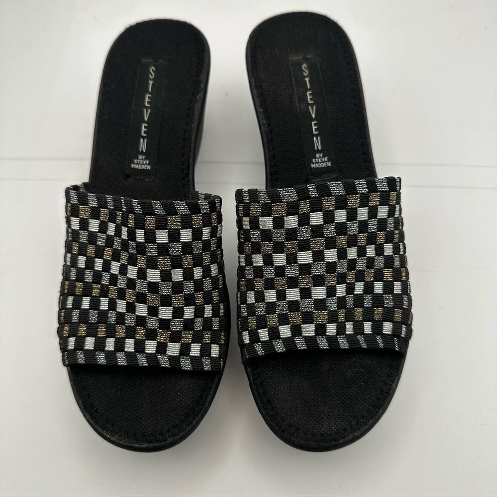 Steven by Steve Madden Black & White Checkered Sandals with Gold/Silver Accents